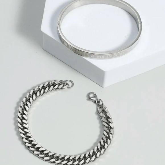 Men Chain Bracelet & Roman Numerals Bangle - Picture 3 of 4